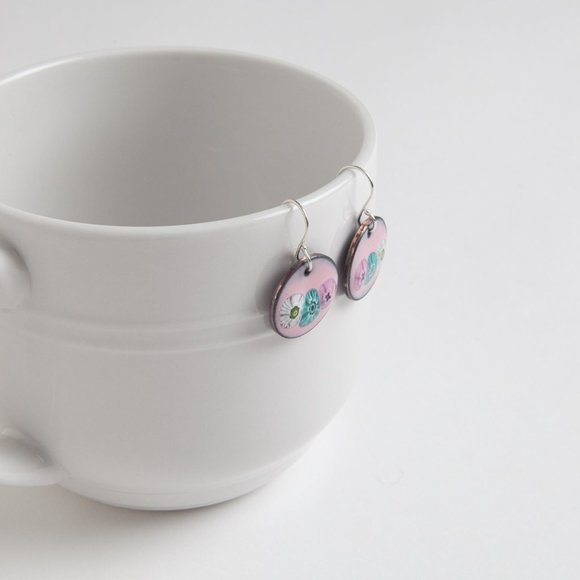 Handmade Copper Enamel Penny Earrings Pierced Dangle Round Boho Rustic - Picture 11 of 15